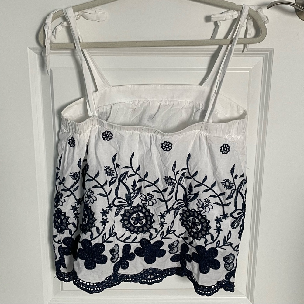 Draper James White Tank Top with Navy Blue Embroidered Floral Border - Picture 9 of 16